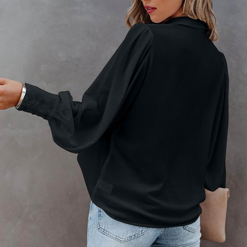 Long Sleeve Chiffon Lantern Sleeve Pleated Shirt