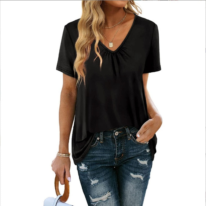 Pure Color Pleated V-neck Loose Short Sleeve T-shirt