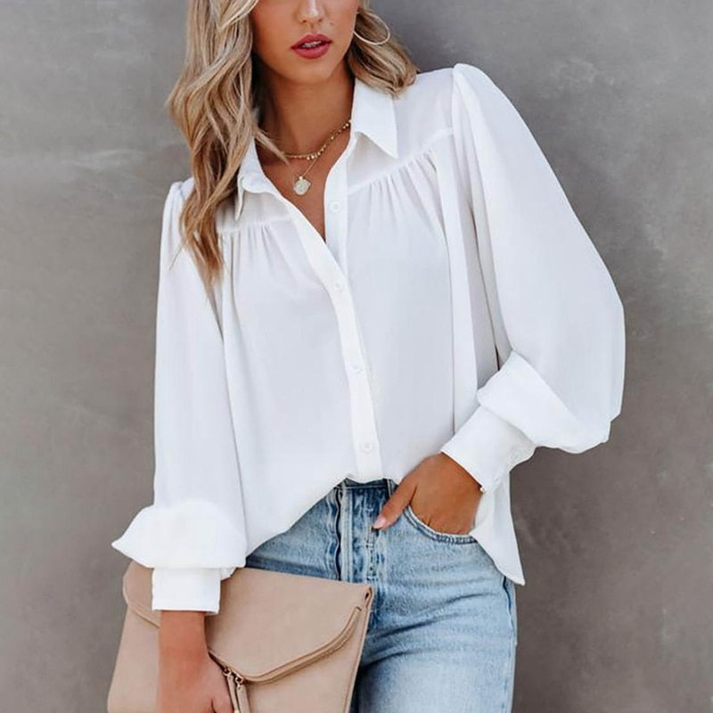 Long Sleeve Chiffon Lantern Sleeve Pleated Shirt