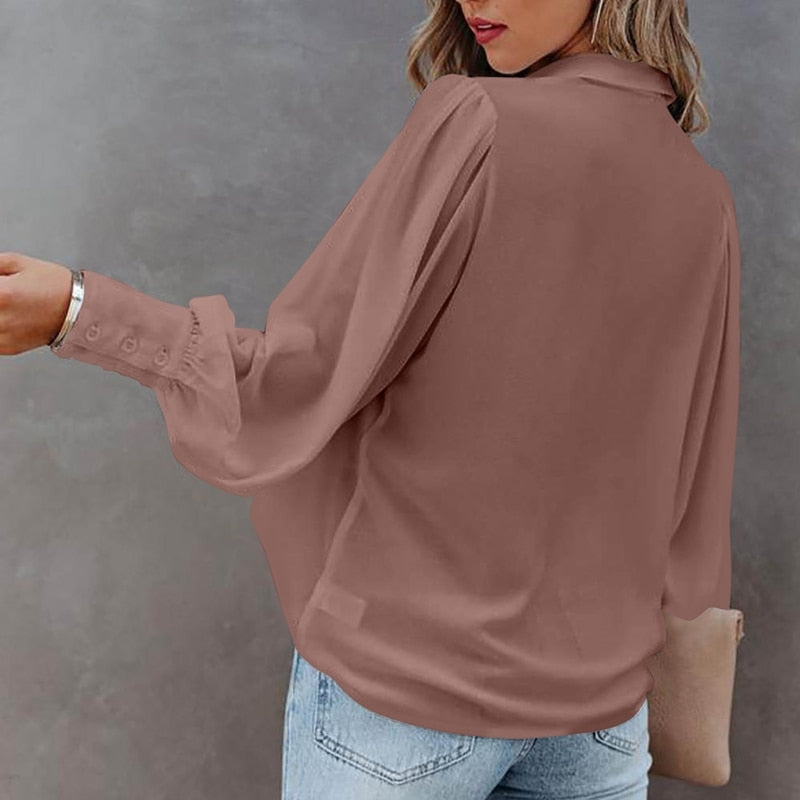 Long Sleeve Chiffon Lantern Sleeve Pleated Shirt