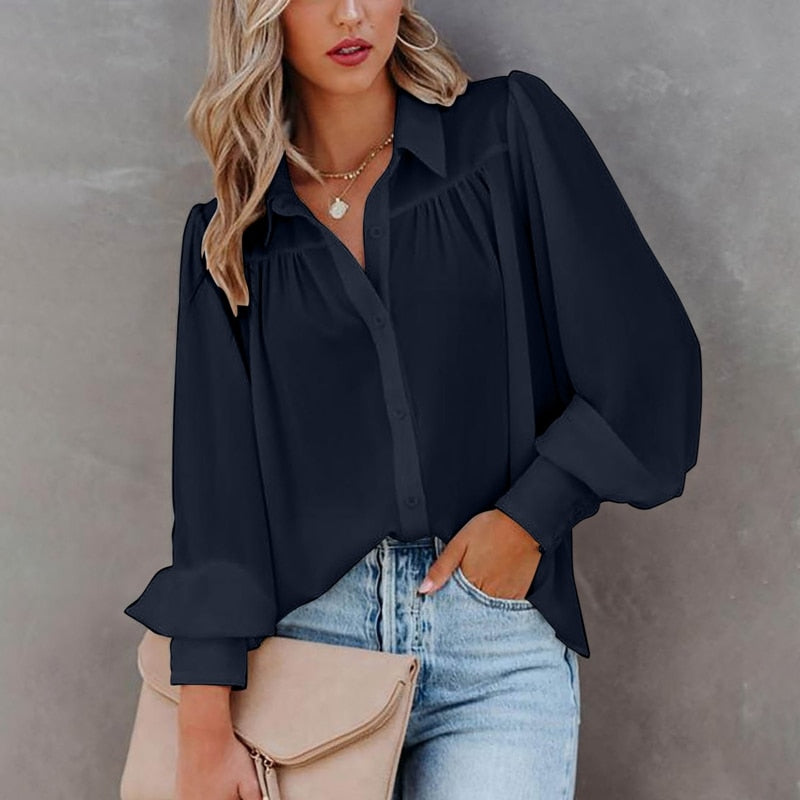 Long Sleeve Chiffon Lantern Sleeve Pleated Shirt