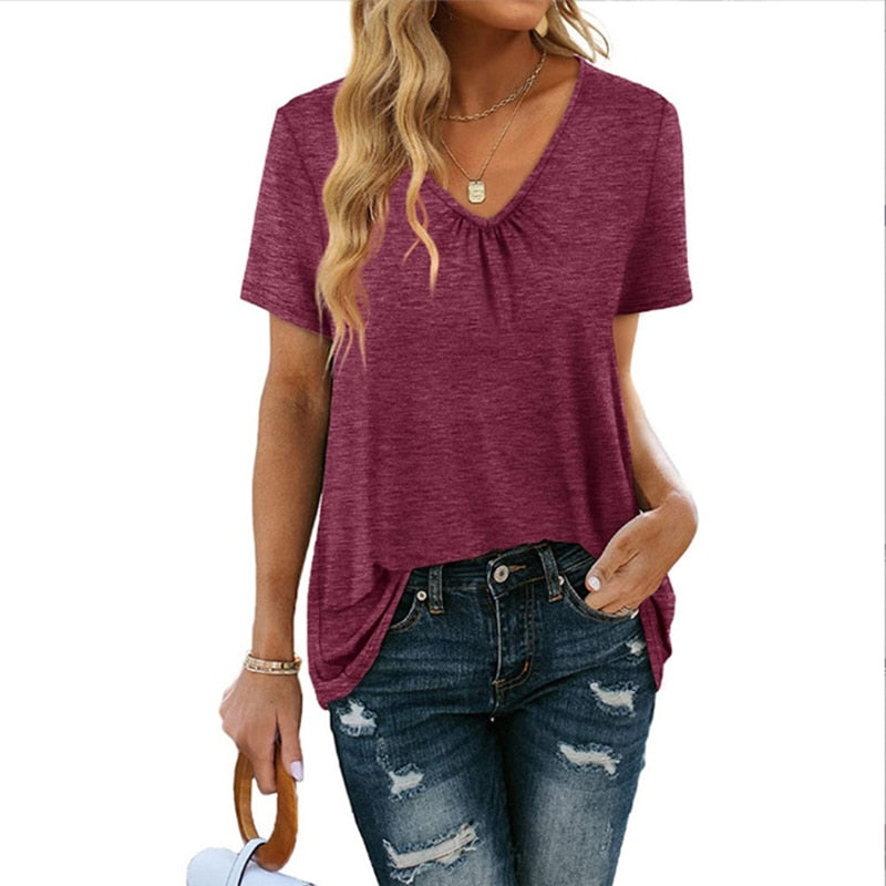 Pure Color Pleated V-neck Loose Short Sleeve T-shirt