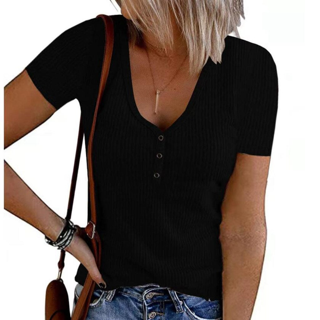 V Neck Ribbed Knit Button Blouse