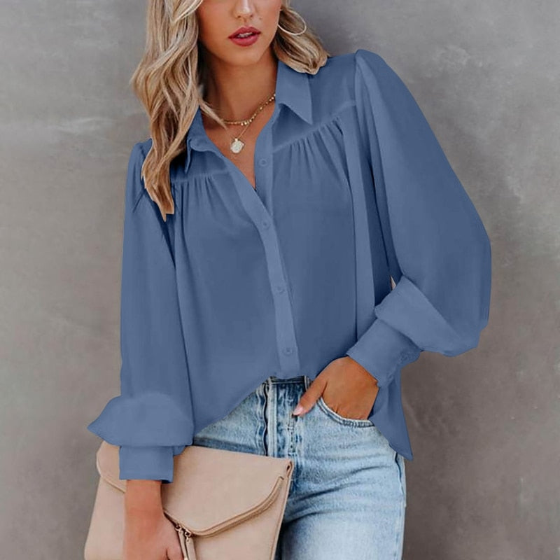 Long Sleeve Chiffon Lantern Sleeve Pleated Shirt