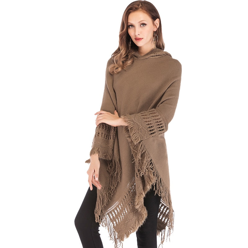 Tassled Pullover Poncho Hoodie