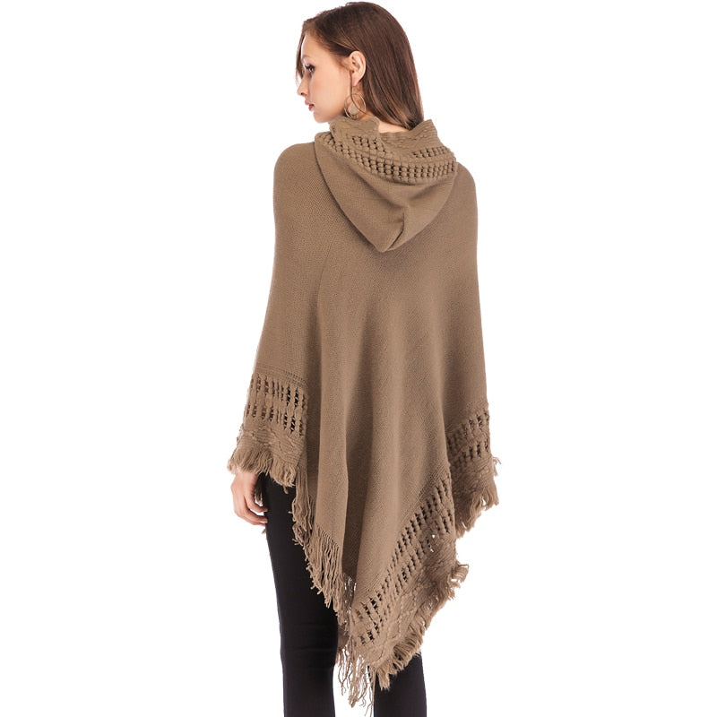 Tassled Pullover Poncho Hoodie