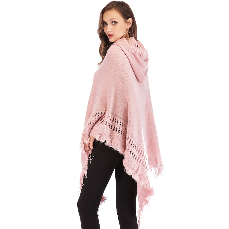 Tassled Pullover Poncho Hoodie