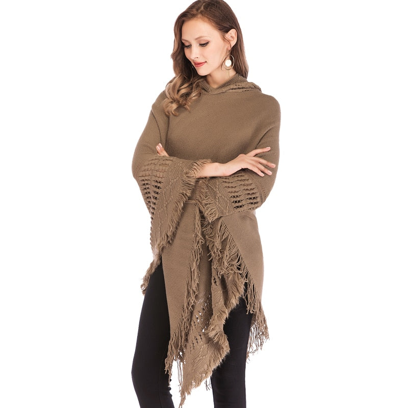 Tassled Pullover Poncho Hoodie