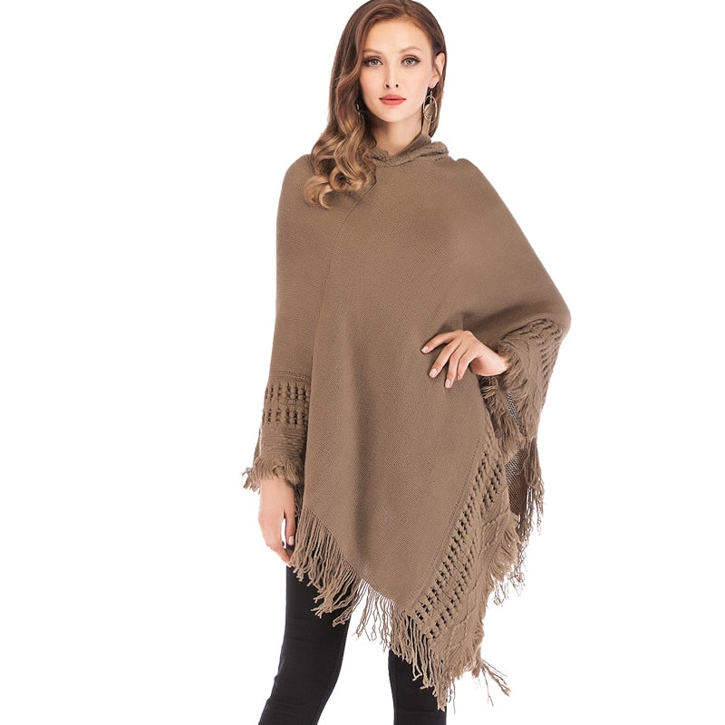 Tassled Pullover Poncho Hoodie