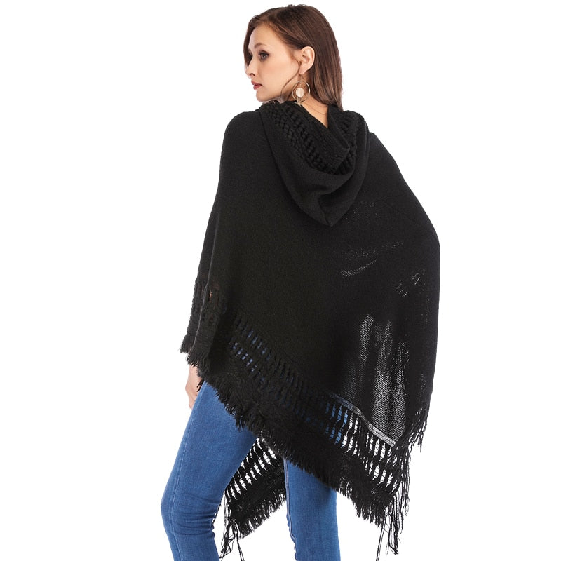 Tassled Pullover Poncho Hoodie