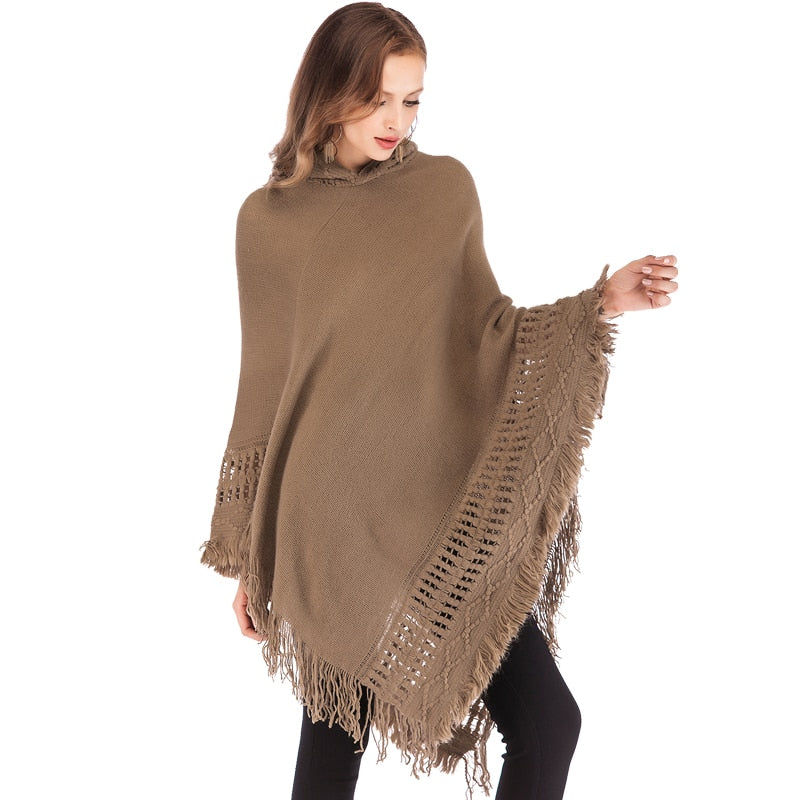 Tassled Pullover Poncho Hoodie