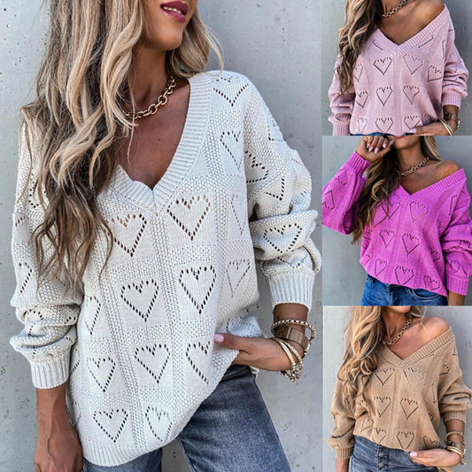 Heart V Neck Knitwear Sweater