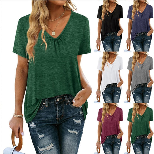 Pure Color Pleated V-neck Loose Short Sleeve T-shirt